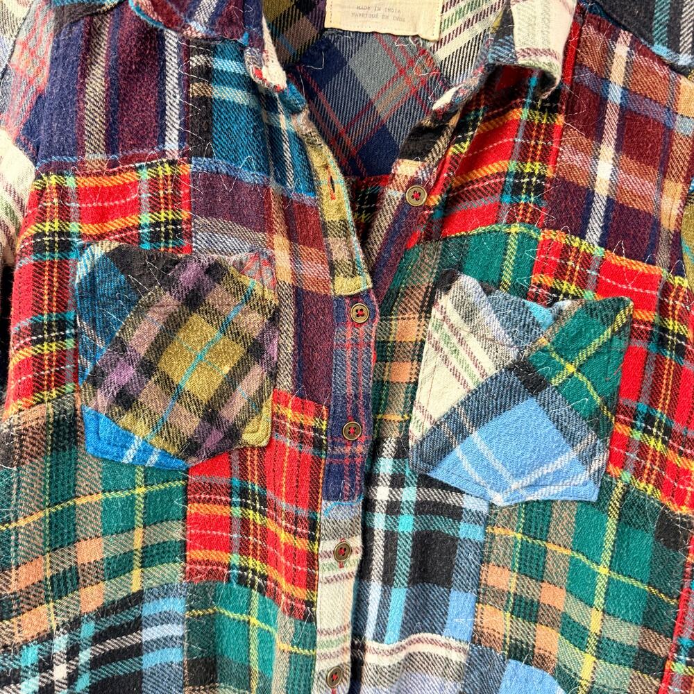 Free People Lost In Plaid Shirt Medium Patchwork Boho Summer Lace - Picture 2 of 10